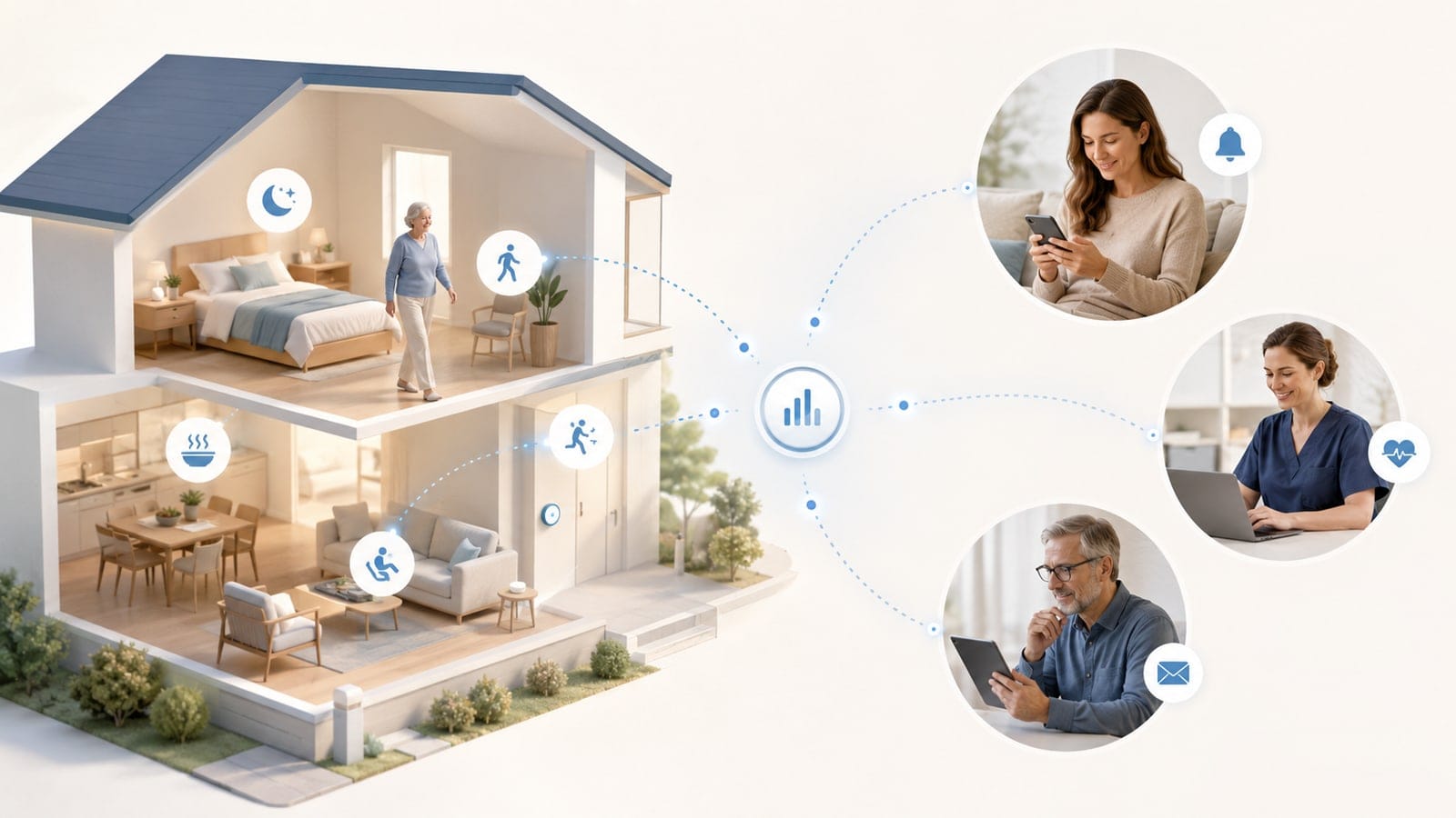 Illustration of a home with sensors in each room, connected to a daughter's phone, a nurse's laptop and a son's tablet.