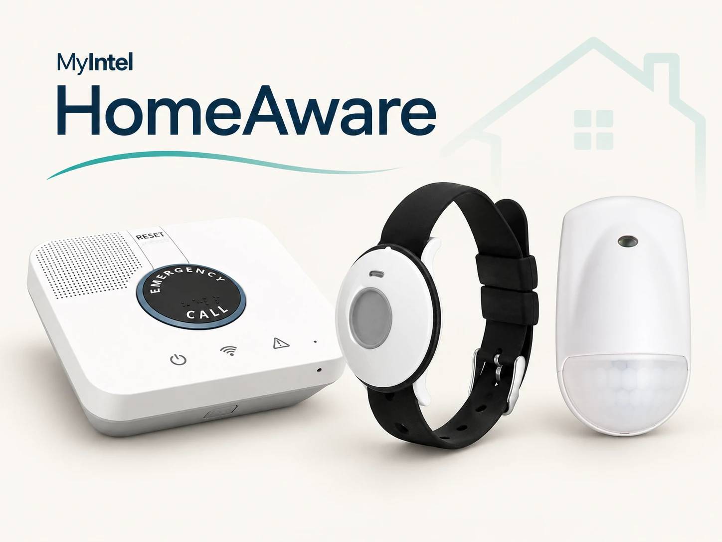 MyIntel HomeAware product lineup showing an Essence hub, standard emergency pendant with wrist strap, and one motion sensor.