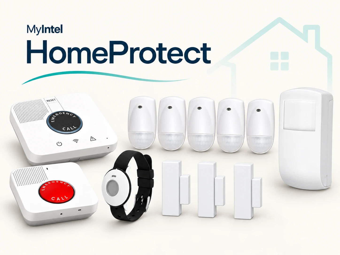 MyIntel HomeProtect lineup showing one Essence hub, one standard emergency pendant, five motion sensors, three door sensor pairs, one MDsense and one VPD2 communicator.