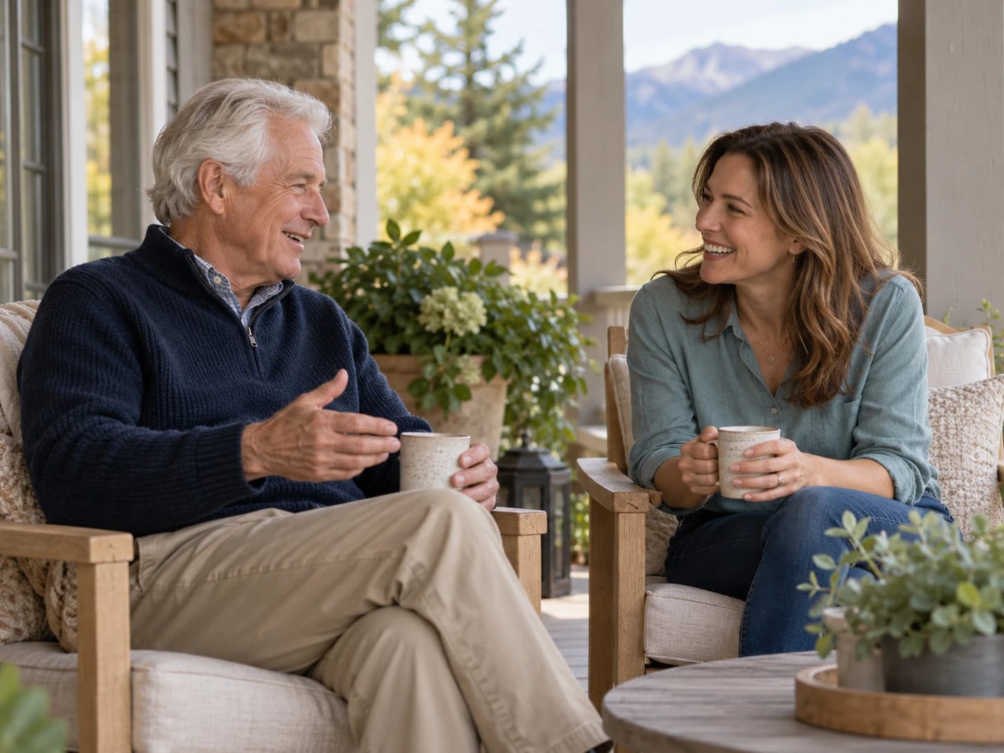Father and daughter sharing tea and a laugh on a porch.